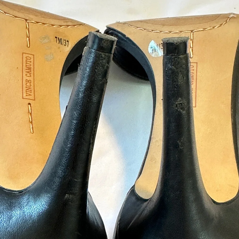 Vince Camuto Black Leather Ankle Strap Stiletto Heels Open Toe Womens 7M 37